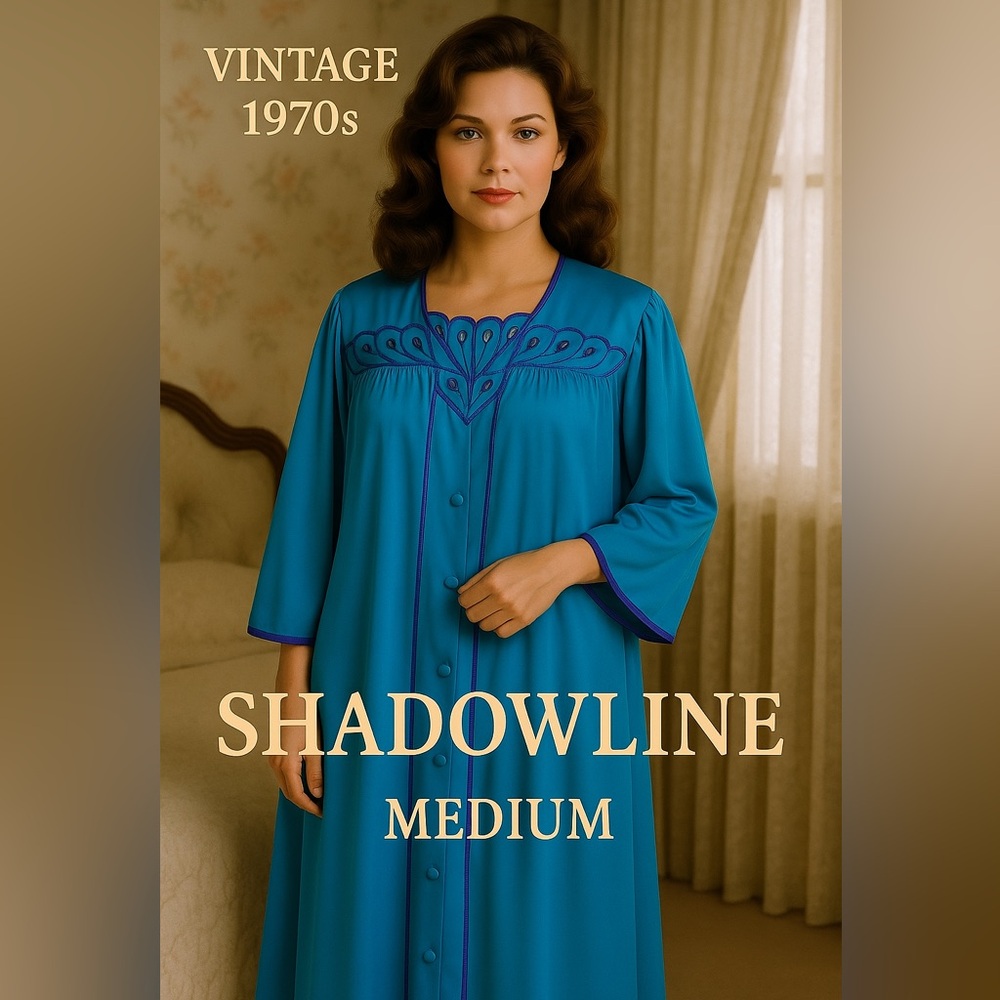 Vintage 70s Turquoise Satin Peignoir Set Robe & Gown w/ Purple Trim M